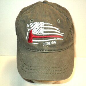 Firefighter Hat Cap Fireman GVFD Flag Curved Brim Adjustable Buckle Closure Tan